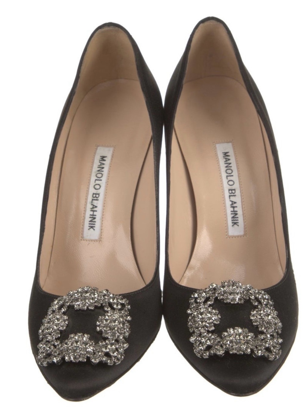 Manolo Blahnik Black Satin Pumps with Crystal Buckle